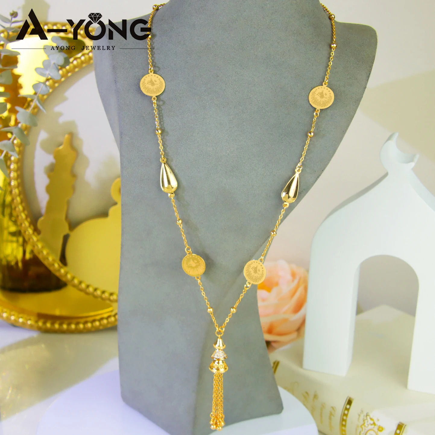 Middle Eastern Muslim Charm Necklace 21k Gold Plated Arabic Fashion Wedding Long Chains Algeria Women Wedding Party Jewelry 251015