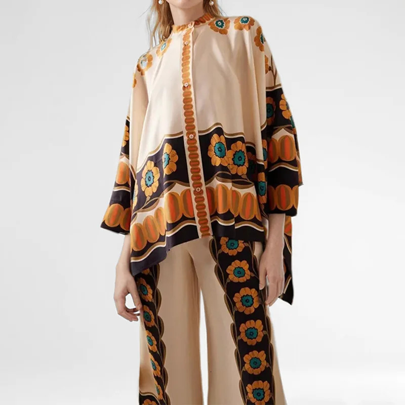 Elegant Womens Irregular Geometric Print Pants Sets Long Sleeve Oversized Shirts and Wide Leg Stylish Streetwear Suit 251021