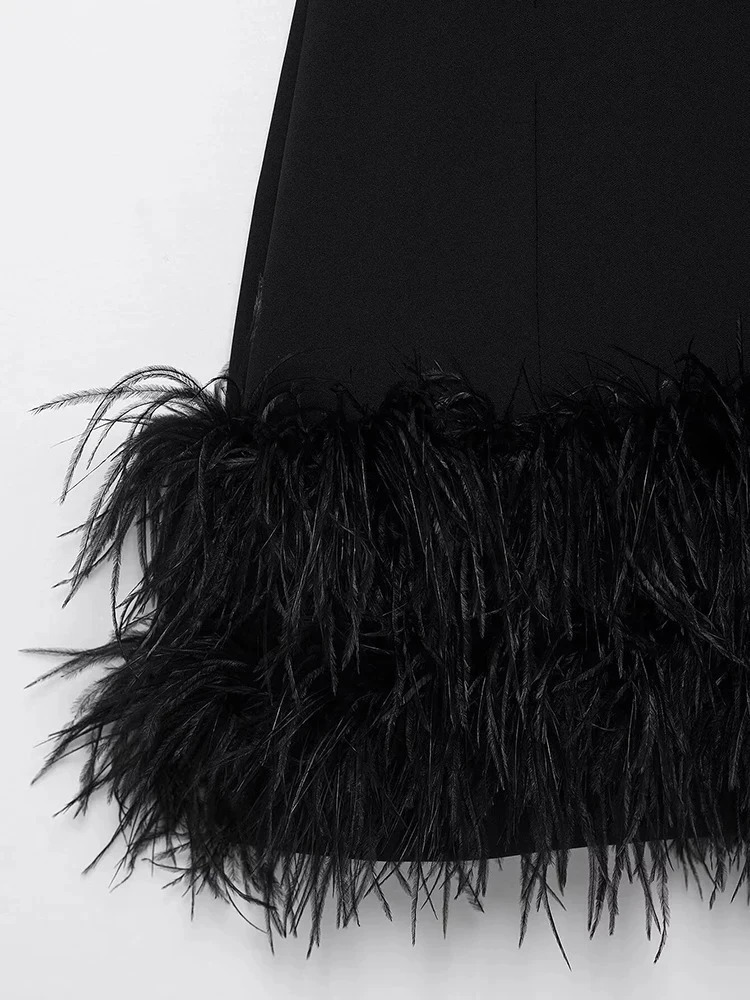 Womens Fashion Elegant French Splicing Feather Mini Dress Womens Sleeveless Round Neck Party Dresses Evening Gowns 251021