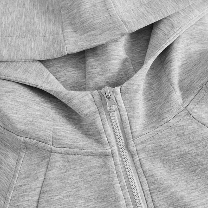 Gray Zipper Hooded Sweatshirt Women Korean Slim Fit Cardigan Long Sleeve Coat Woman Solid Pockets Sports Hoodies Jacket 251017