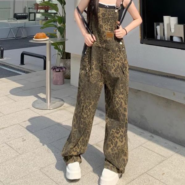 2025 American high street leopard print new autumn and winter printed denim workwear for women, luxury designer straight leg wide leg pleated jumpsuit