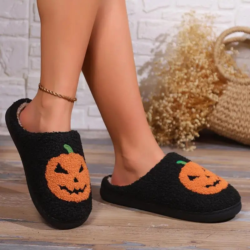Cotton Fluffy Slippers Home Cartoon Pumpkin Platform Plush Slides Couple 2025 Funny Halloween Casual Shoes Women Indoor 251021