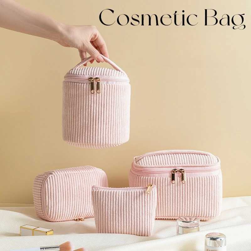 Stylish Corduroy Makeup Bag Set for WomenLarge Capacity with Multiple Compartments Ideal for Travel Daily Cosmetics StorageW251021