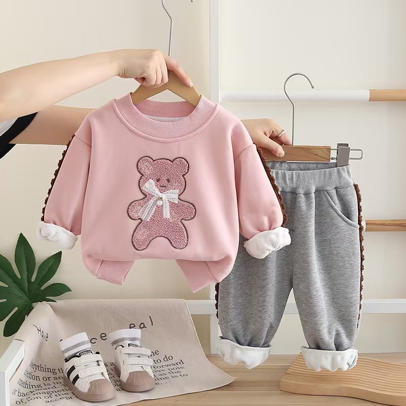 2025 Girls Bear Print Fleece-Lined Set 2-Piece, Adorable Crewneck Hoodie & Pants, Cozy Winter Outfit for Toddler Girls
