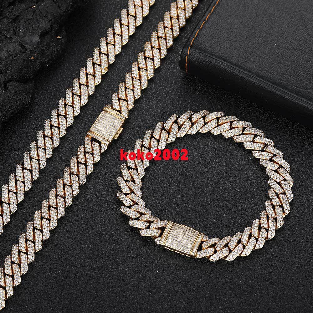 HipHop Iced Out Zircon Gold Plating Brass Copper 2 Row 10mm Chunky Miami Cuban Link Choker Necklace Bracelet Jewelry for Men