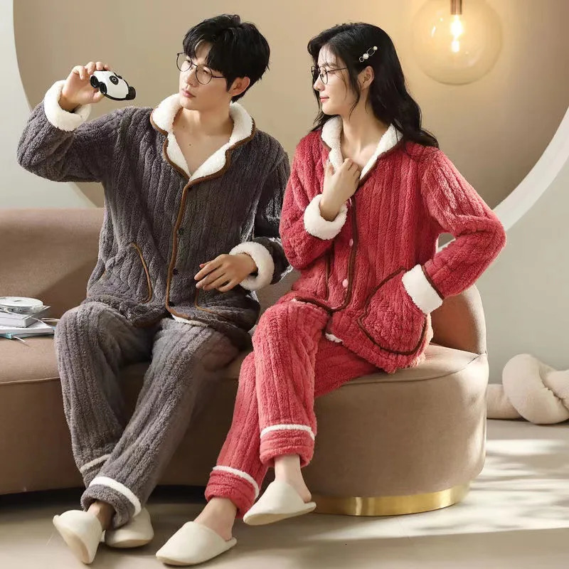 Pyjamas Winter Coral Velvet Thickened and Fleece Long Sleeve Trousers Flannel Twopiece Set Cosy Thermal Pajamas Both Men Women 251021