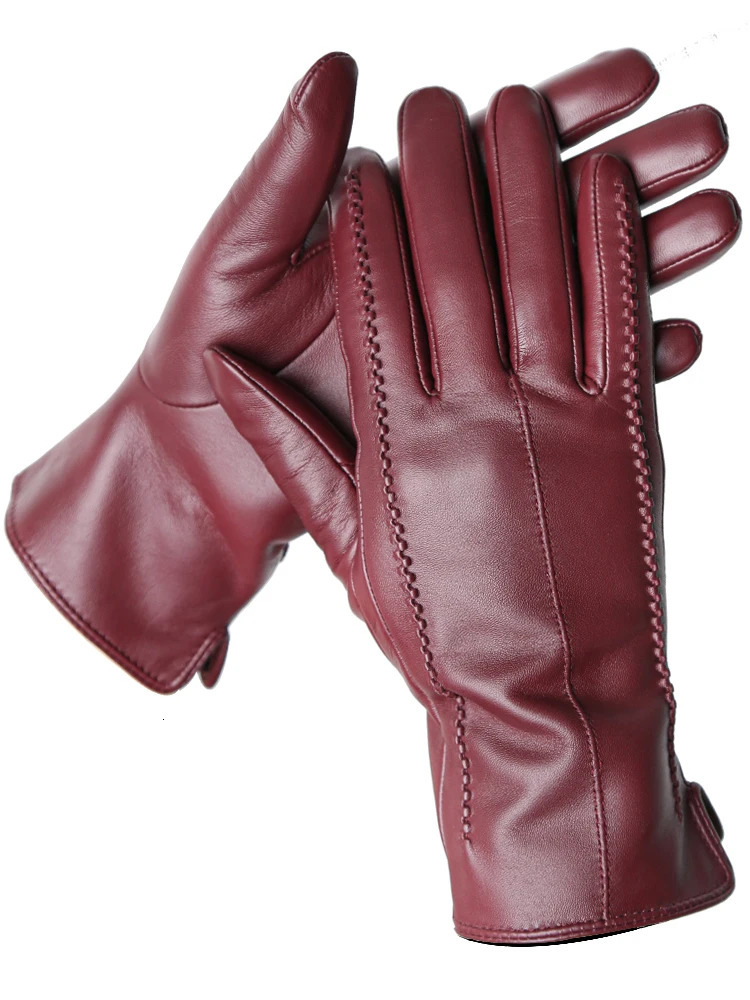 Womens sheepskin gloves winter warm plus velvet short thin touch screen driving color womens leather gloves good quality 2226 251020