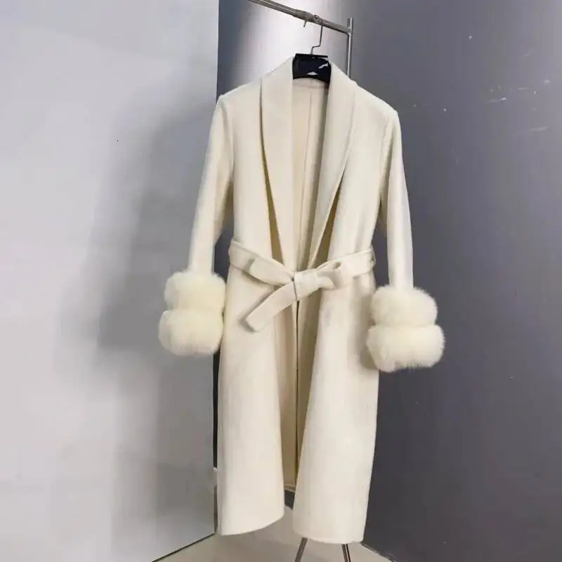 EWQ Double Sleeved Fur Fox Fur Thick Outerwear Purple Wool Coat Beautiful Overcoats Cardigan With Belt Autumn Winter 251017