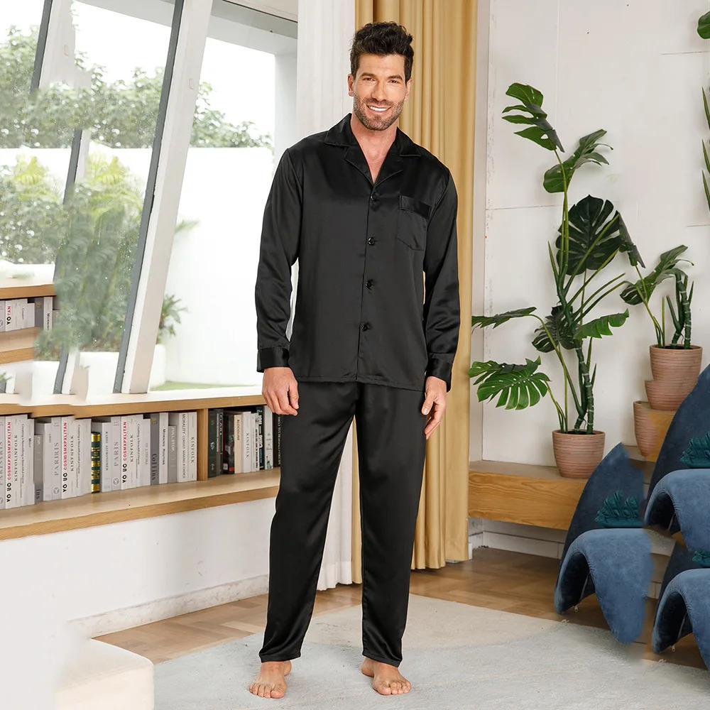 Black Pajamas Suit Men Satin Home Clothes Long Sleeve Shirtpants 2Pcs Nightwear Casual Outfit Solid Sleepwear Man Loungewear 251021