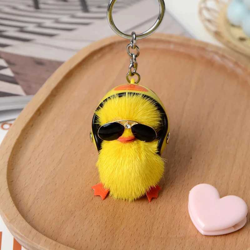 Cute Woman Keychain A Cool Duck with Helmet and Eyes Mink Hair Little Duck Plush Bag Pendant Car Keychain W251021