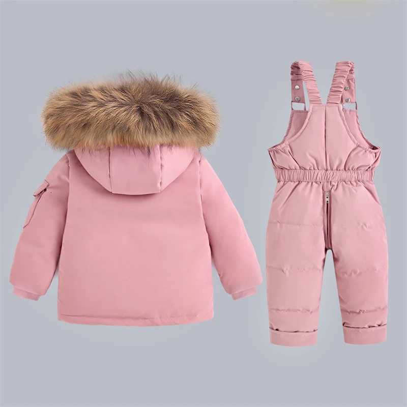 30Degree Russia 2Pcs Set Children Winter Down Jacket and Jumpsuit Thicken Boy Girls Ski Suit Real Fur Collar Warm Kids SnowsuitT251021