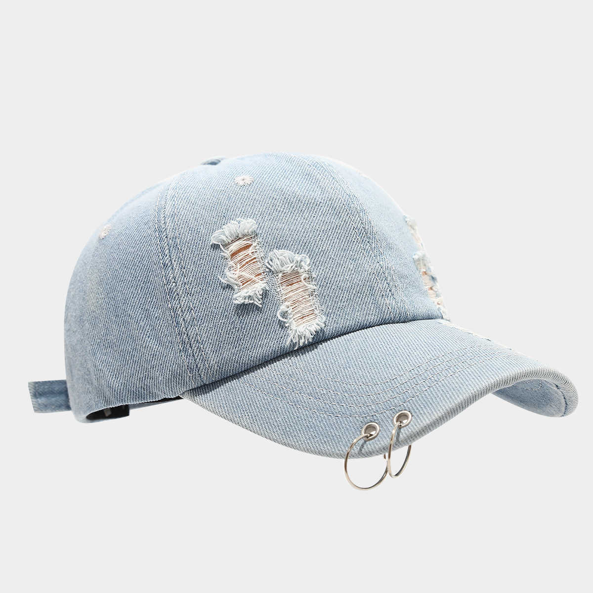 Womens Trendy Ring Denim Ripped Baseball Cap Mens Unique Street Performance Hiphop Duckbill Cap H251020