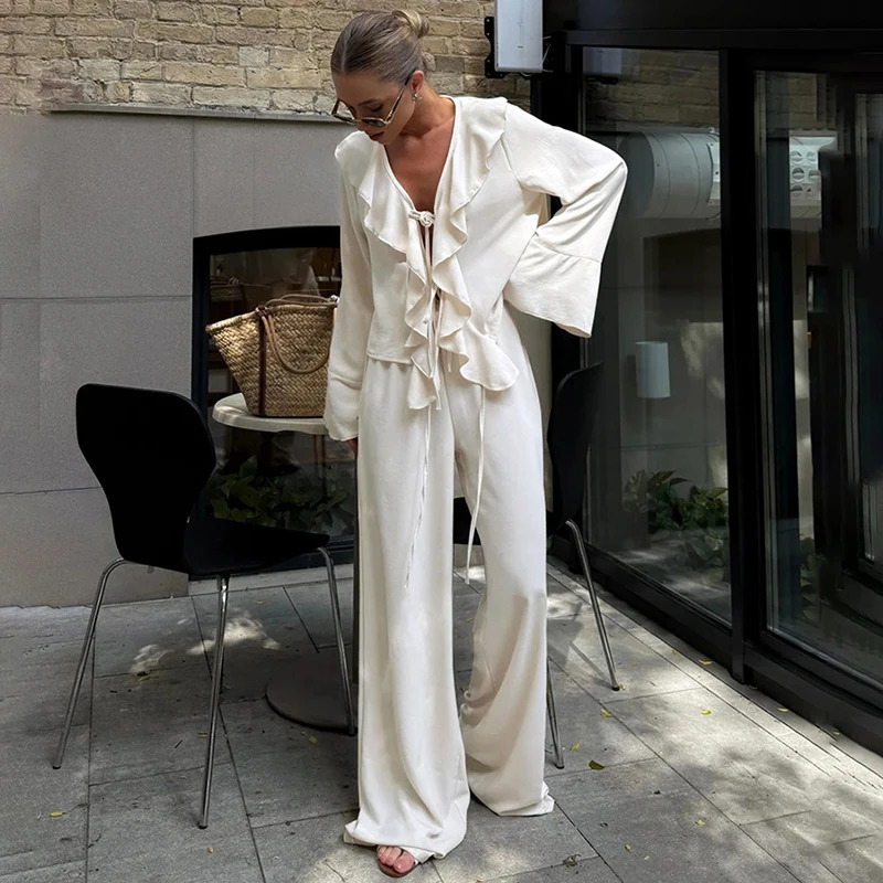 Tornova Ruffled Wideleg Pants Two Piece Set Female V Neck Long Sleeve T shirt Lace Up High Waist Loose Woman Casual Suit Solid 251013