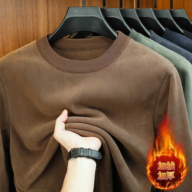 Mens Velvet Hoodie Long Sleeve round Neck Solid Color Autumn Winter Fashion Casual Versatile Top W251021