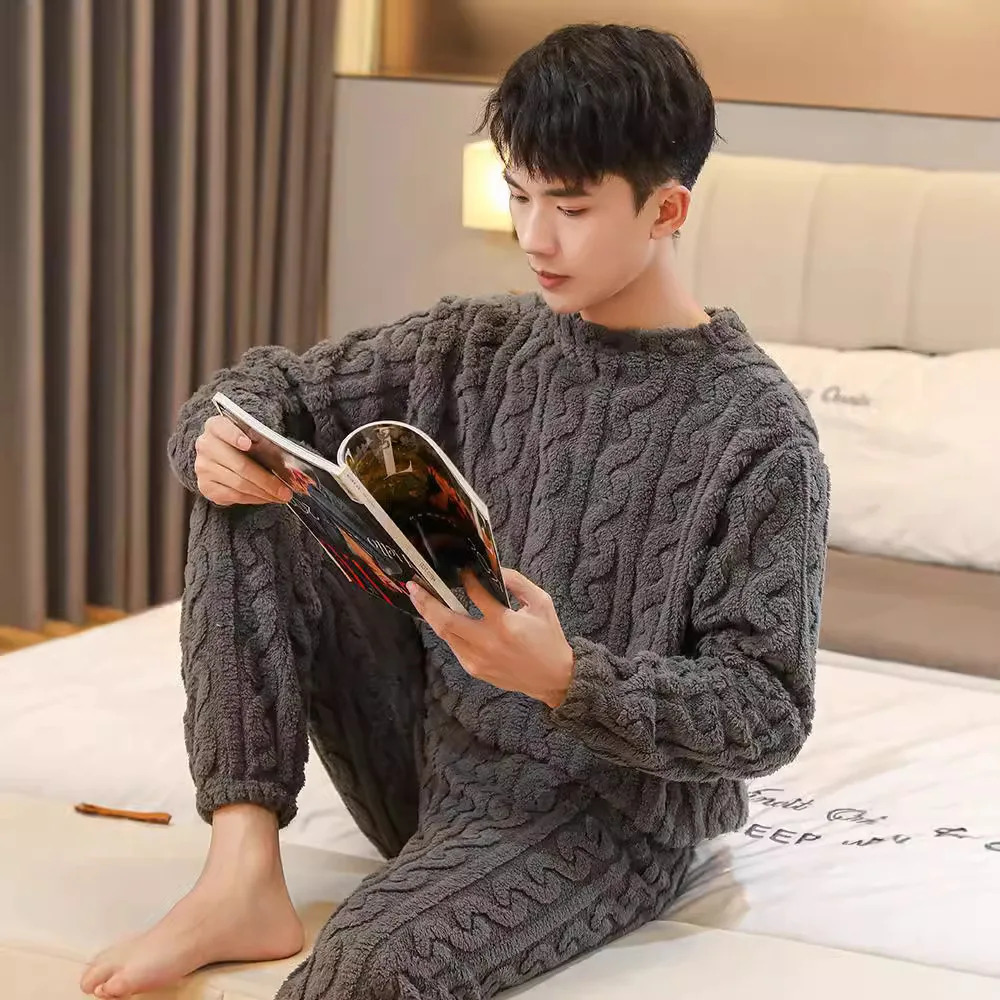 Autumn and Winter Mens Couples Warm Pajamas Homewear Suit Womens Coral Fleece Pajamas Thickened Thermal Underwear Homewear i251021