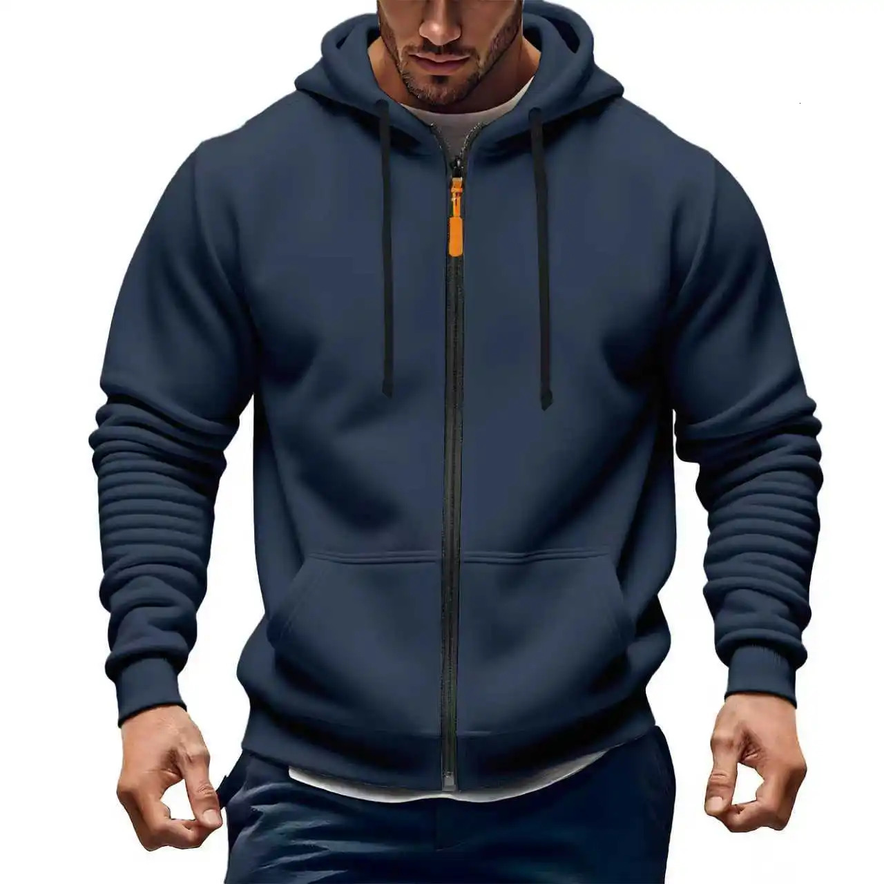 FallWinter selling Casual Fashion Mens Solid Color Zippered Sweatshirt Thick Long Sleeve Hooded Pockets Style HighQualit 251016