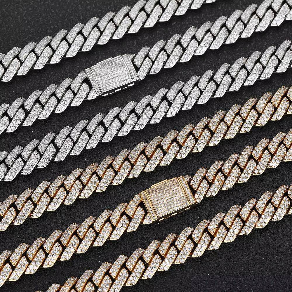 HipHop Iced Out Zircon Gold Plating Brass Copper 2 Row 10mm Chunky Miami Cuban Link Choker Necklace Bracelet Jewelry for Men