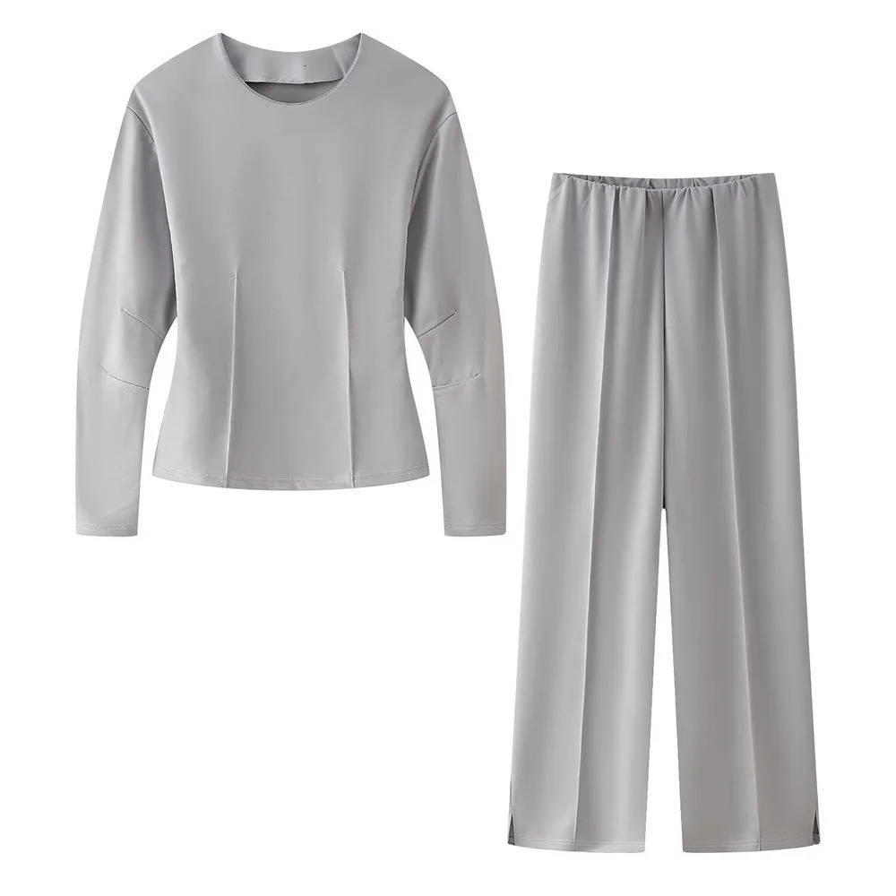 Spring Womens Two Piece Pant Set Fashion Long Sleeve Oneck Pleated Top DoubleSided Fabric Office Casual Pants 251021