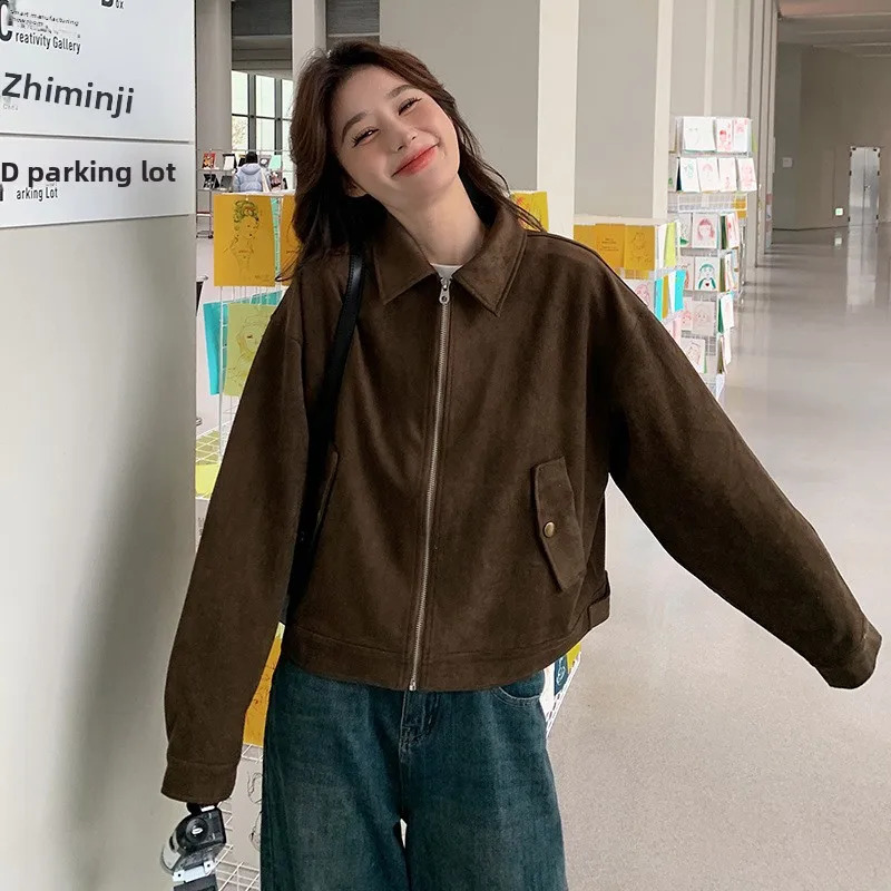 Browan Suede Jacket Womens Short Style Korean Fashion Autumn Coat HighEnd Feelings Polyester Fabric Long Sleeve Zipper Closure 251021