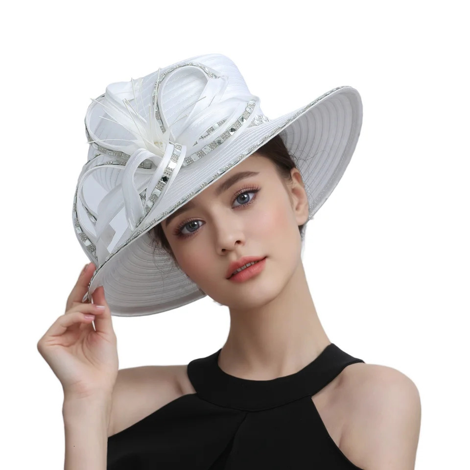 Deluxe White Church Hat Party Banquet Satin Cloth Pography Hats Premium Chains Formal Hat Flower Top Cap For Women Ladies 251016