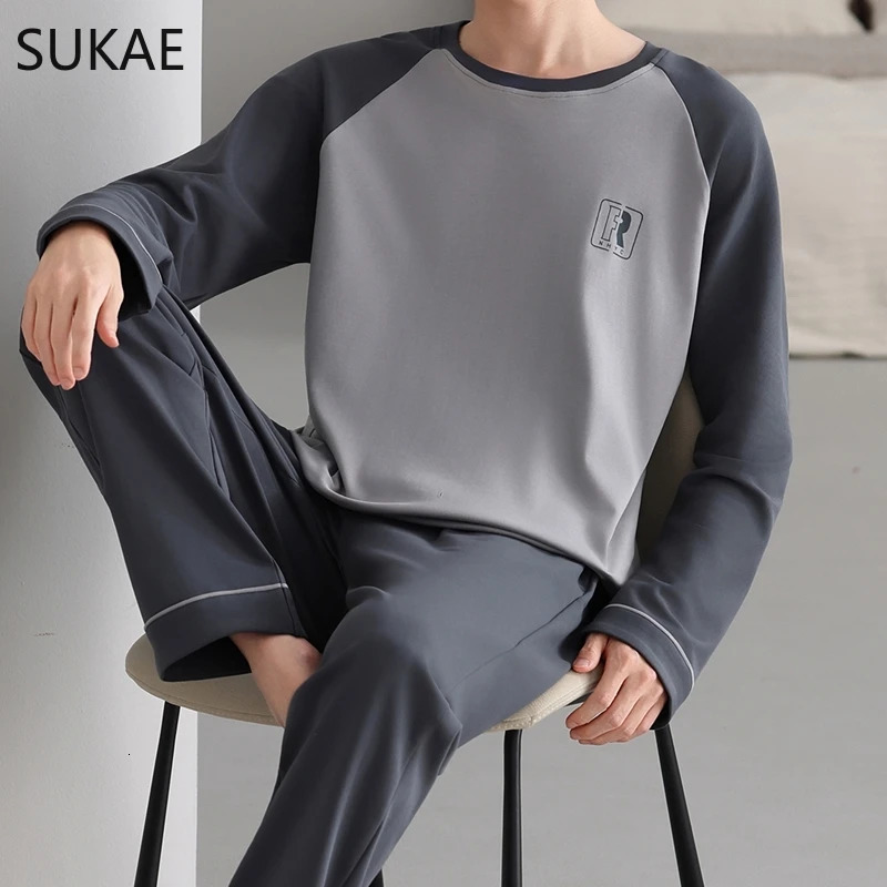 SUKAE Smart Casual Boys Big Pajamas Set Autumn Winter Cotton Nightwear for Big Guys L6XL Plus Size Business Mens Loungewear 251021