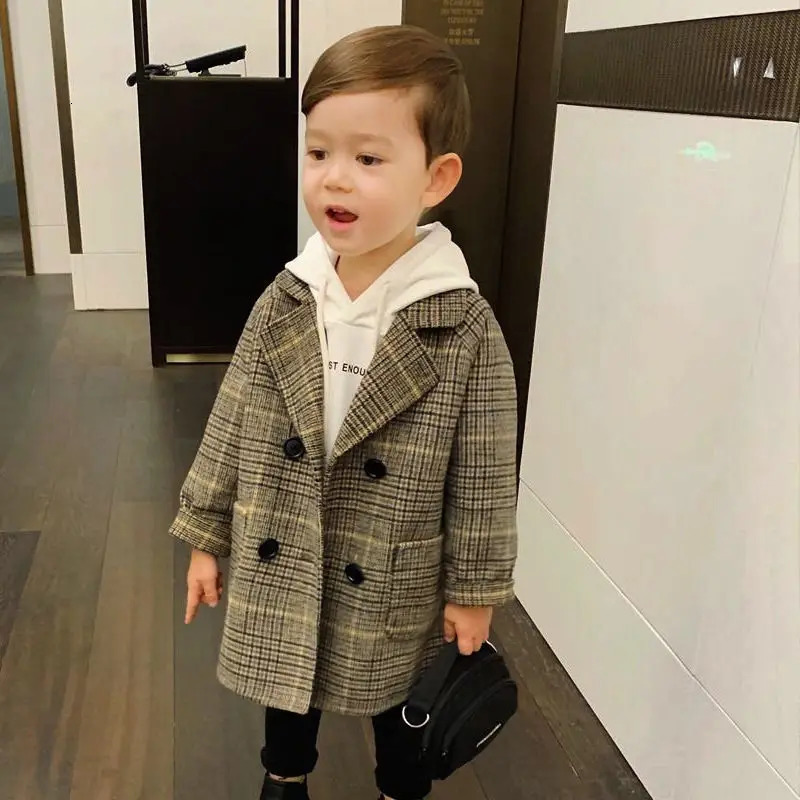 Winter Grid Jackets Boys girls Woolen Doublebreasted Baby Boy Trench Coat Lapel Kids Outerwear Coats Wool Coat Winter Overcoat 251017