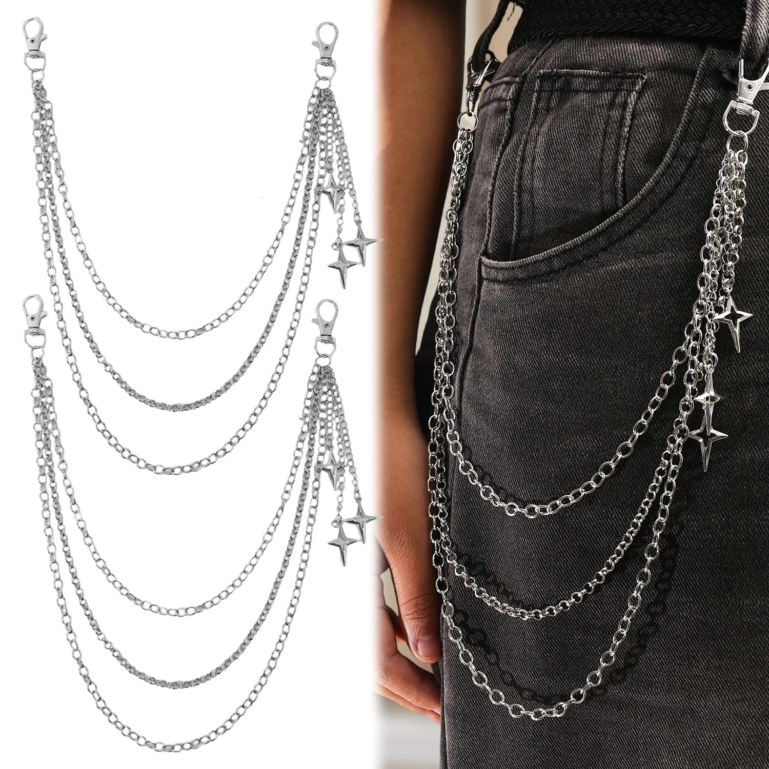 Fashion Punk Multilayer Metal Star Pendant Pant Chain Hip Hop Waist Keychain Jeans Chain Women Trendy Jewelry Accessories Gifts 251021