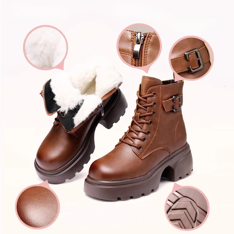 2025 Plush Snow Boots Female Winter Leather Cotton Shoes for Women Thickened Bottom Ladies Ankle Boots Padded Warm Cotton Shoes 251021