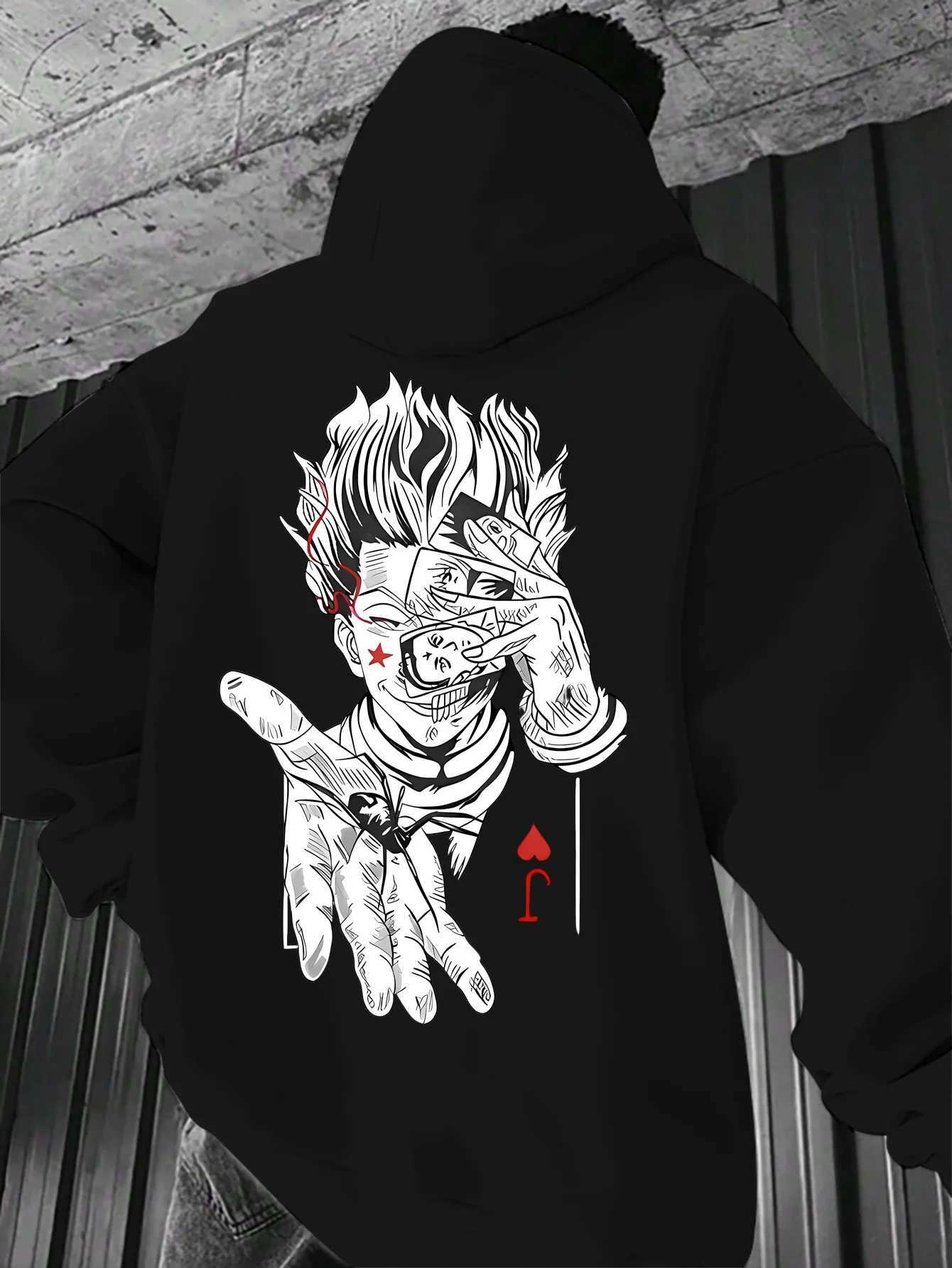 Mens Black Hisoka Hunter x Hunter Anime Hoodie with Joker Card Back Print Gothic Streetwear Pullover W251021