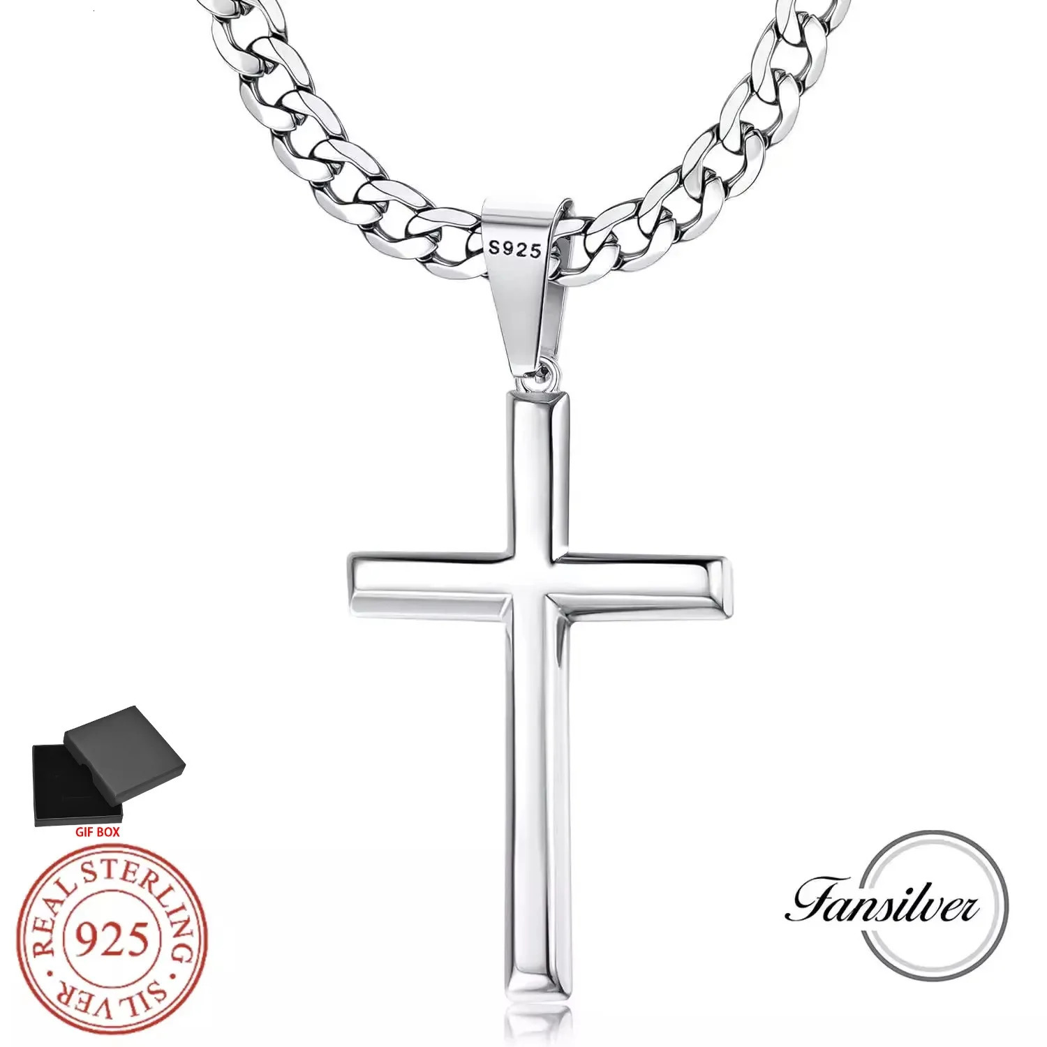 Fansilver Cross Necklace S925 Sterling Silver for Men Women 5mm Stainless Steel Durable Cuban Crucifix Pendant Necklace Jewelry251017