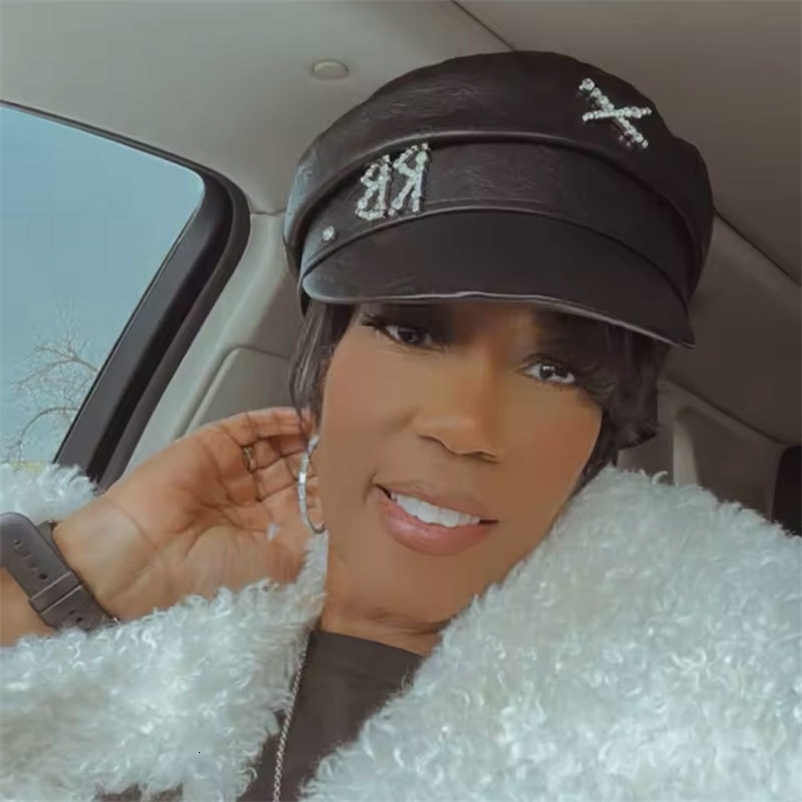 Fashion PU sboy Hat For Women Diamond Letter Flat Top Cap Solid Color Militray Hat Fashion Street Style Navy Hat 251016