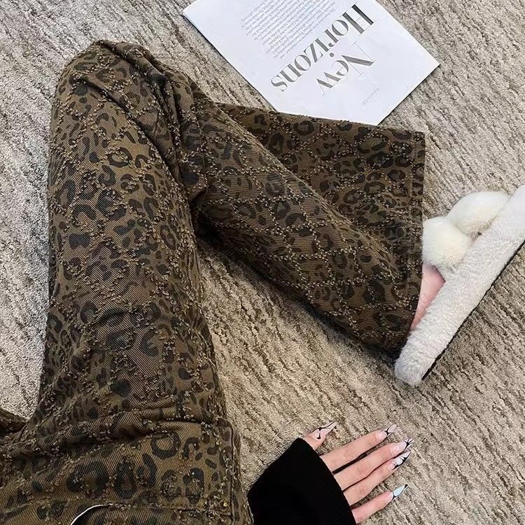 2025 Fashion American New Autumn/Winter High Street Leopard Pattern Women's Jeans Straight Tube Wide Leg Luxury Pants Designer Pants