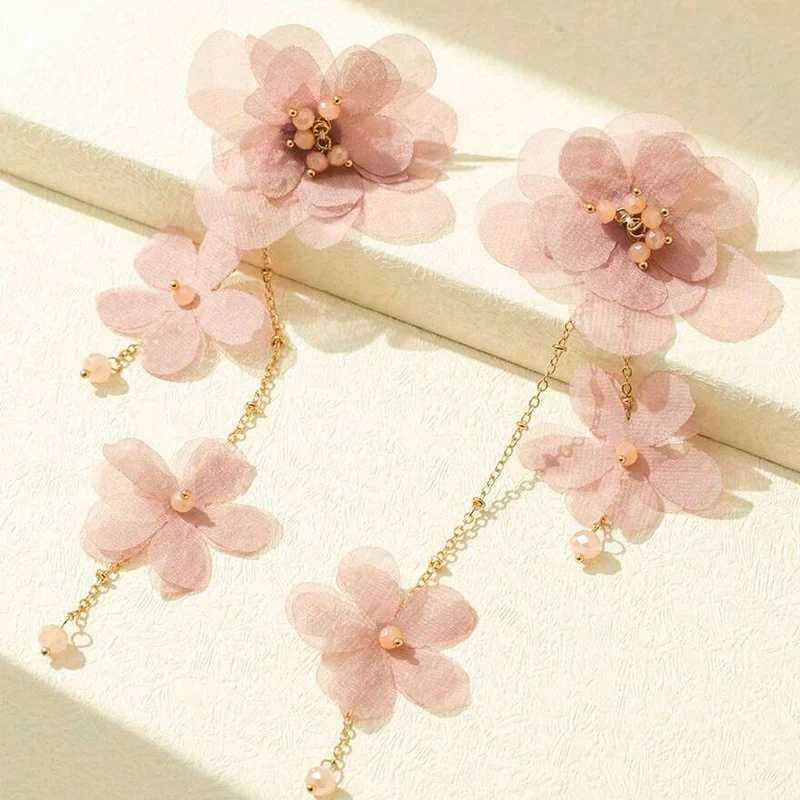 White Fabric Flower Drop Earrings For Women Gold Plating Chain Long Tassel Faceted Acrylic Beads Dangle Earrings Trendy Jewelry J251021