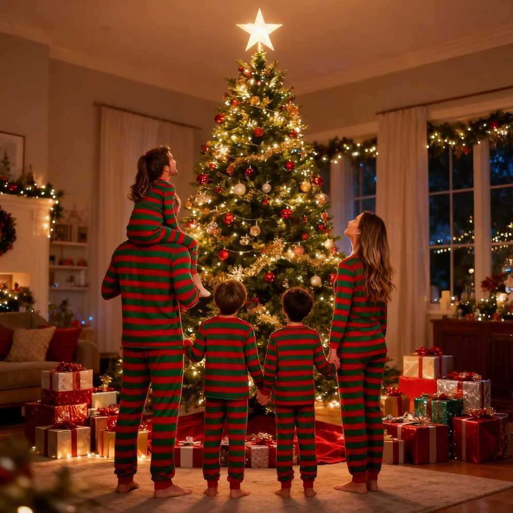 2025 New Family Mathcing Pajamas 2pcs 100 Cotton Sleepwear Suits Men Women Children Casual Comfortable Pyjama Striped Xmas Look L251021YWE3
