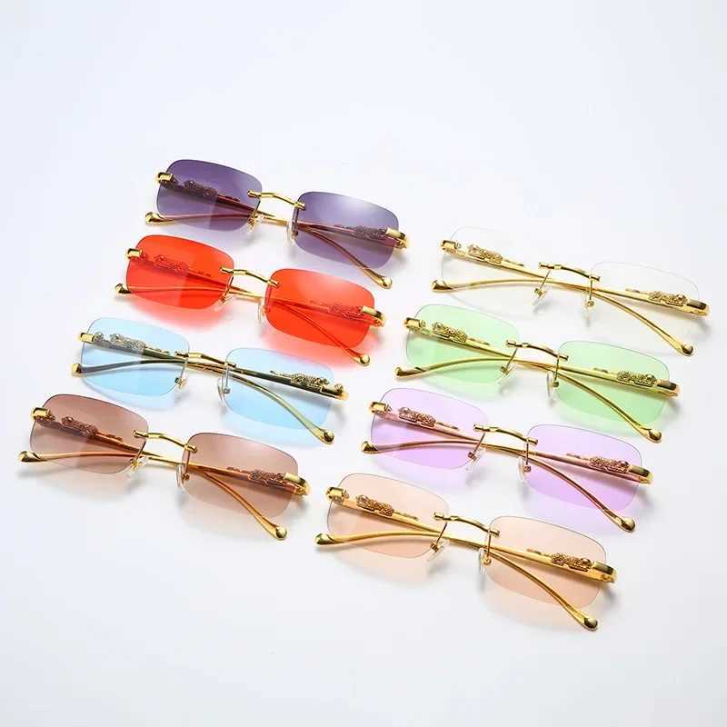 New Rimless Rectangle Vintage Metal Leopard Head Sunglasses Fashion Frameless Tinted Glasses Shades for Women Men J251114