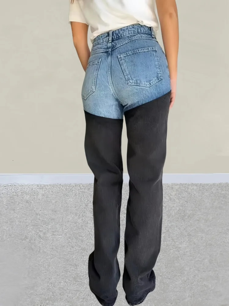 Trashy Y2K 2000S Washed Blue Black Patchwork Slim Stretch Jeans Pants For Women Clothing Casual Lady Denim Trousers Ropa Mujer 251020