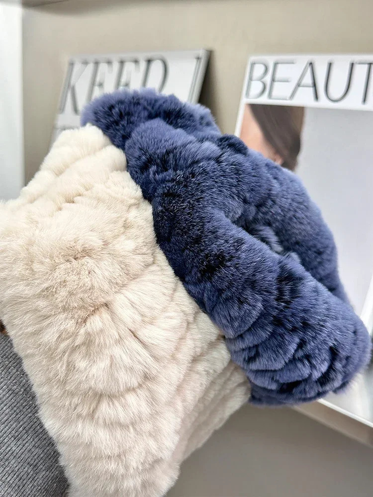 Women Real Rex Fur Handmade Stretch Scarf Knit Genuine Rex Rabbit Fur Headbands Girls Natural Fur Ring Cowl Snood Scarves Winter 251021