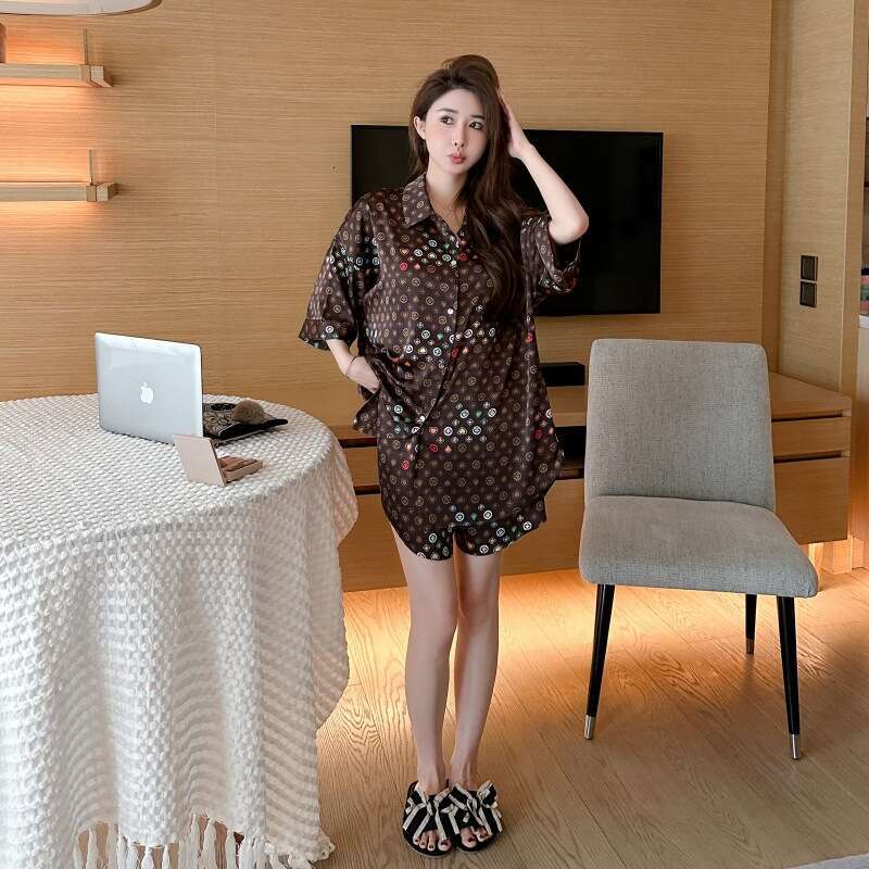 Coffee Old Flower Print 2024 New Summer Women's Pajamas Ice Silk Short Sleeve Shorts Plus Size Two-Piece Homewear Set