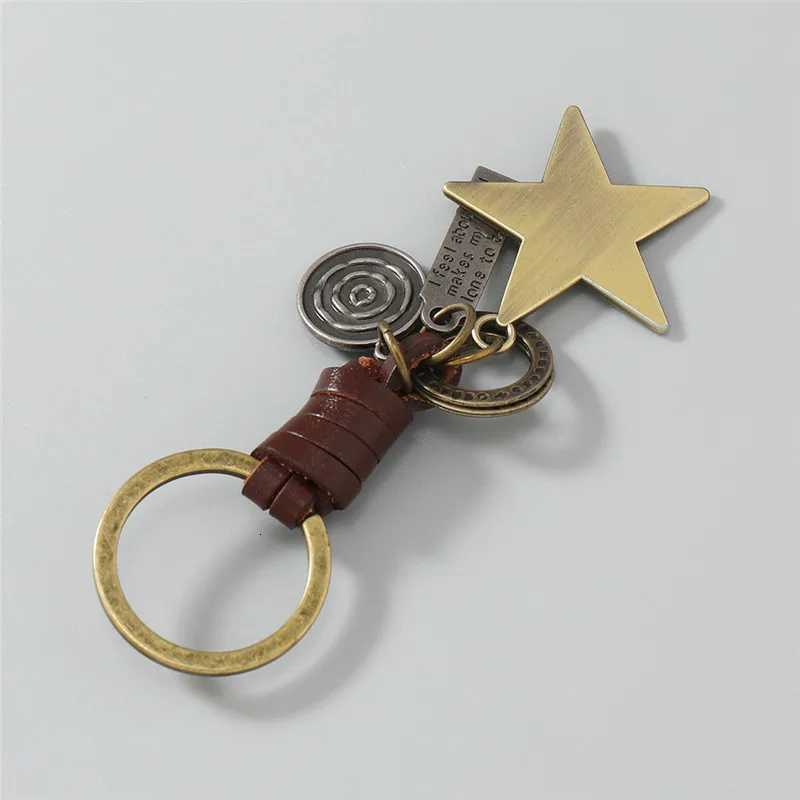 LETAPI Black Brown Leather Keychain for Men Punk Vintage Metal Star Pendant Car Key Accessories Jewelry Gifts W251021
