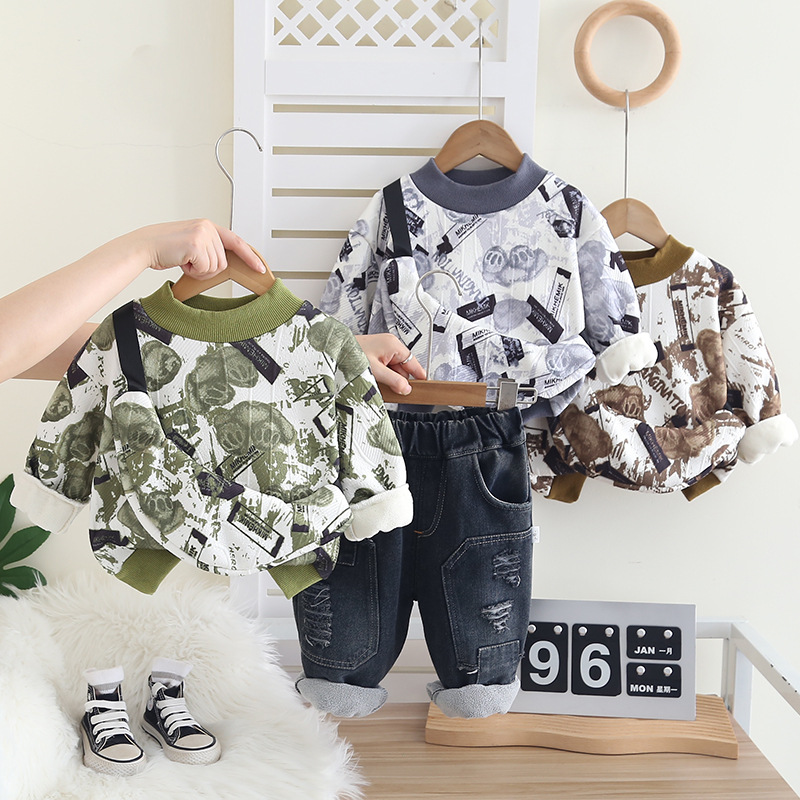 2025 Boys Fleece-Lined Hoodie Set 2-Piece, Korean Street Style Winter Outfit for Toddler Boys