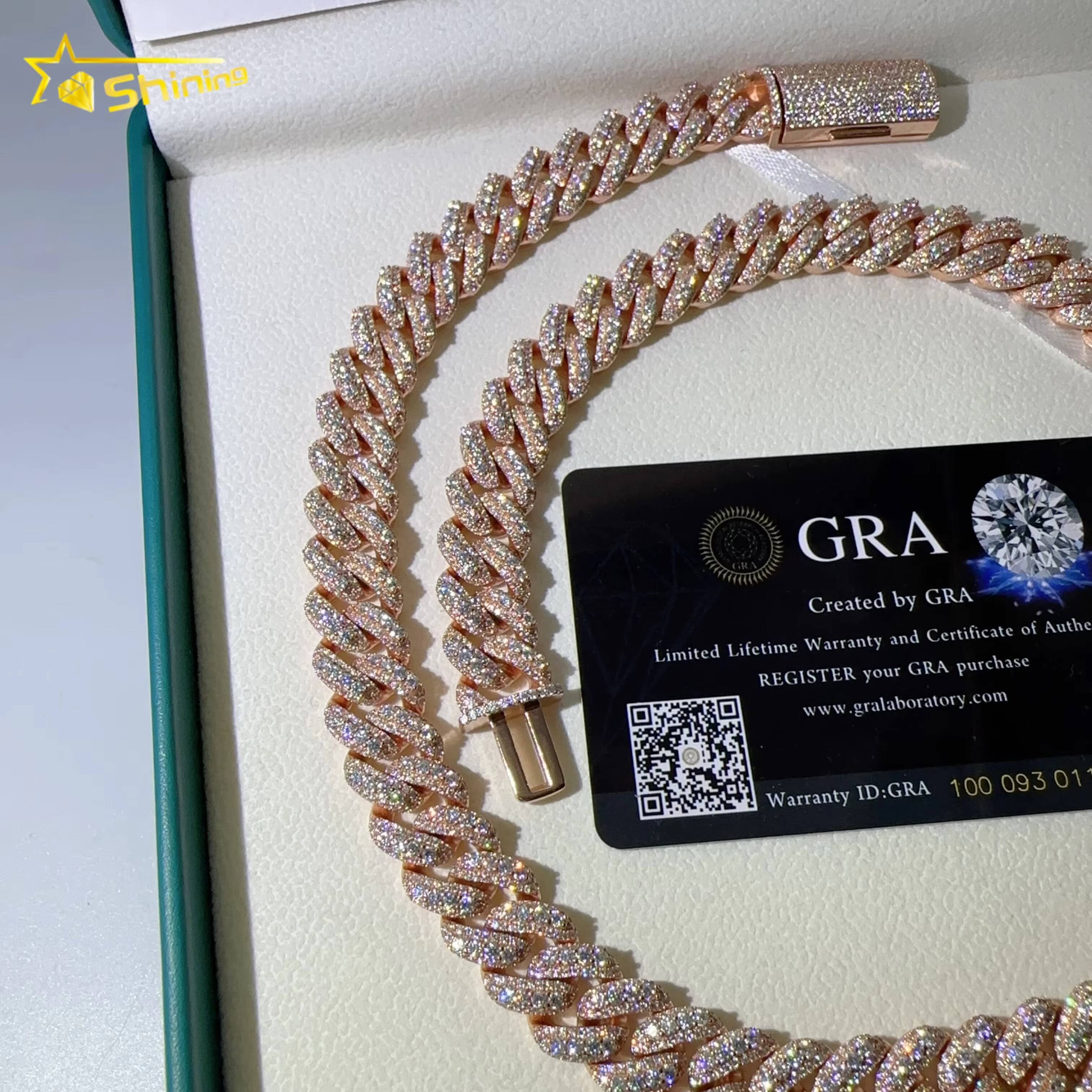 Hip Hop Jewelry 13MM Iced Out Cuban Necklace 925 Silver Rose Gold Plated VVS D Color Infinity Link Moissanie Cuban Link Chain