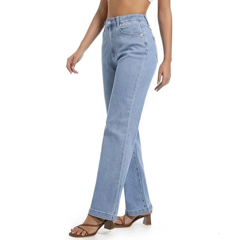 Girls Casual Loose Fit High Waisted Jeans Female Straight Leg Stretch Denim Pants Lady Comfortable Solid Basic Trousers 251015