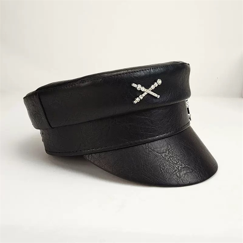 Fashion PU sboy Hat For Women Diamond Letter Flat Top Cap Solid Color Militray Hat Fashion Street Style Navy Hat 251016