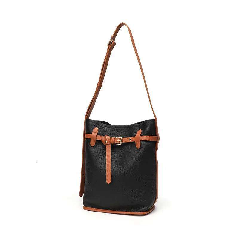 Genuine Leather Bucket New Niche Design Top Layer Cowhide Contrast Belt Buckle Fashion Women One-Shoulder Crossbody Bag 251021