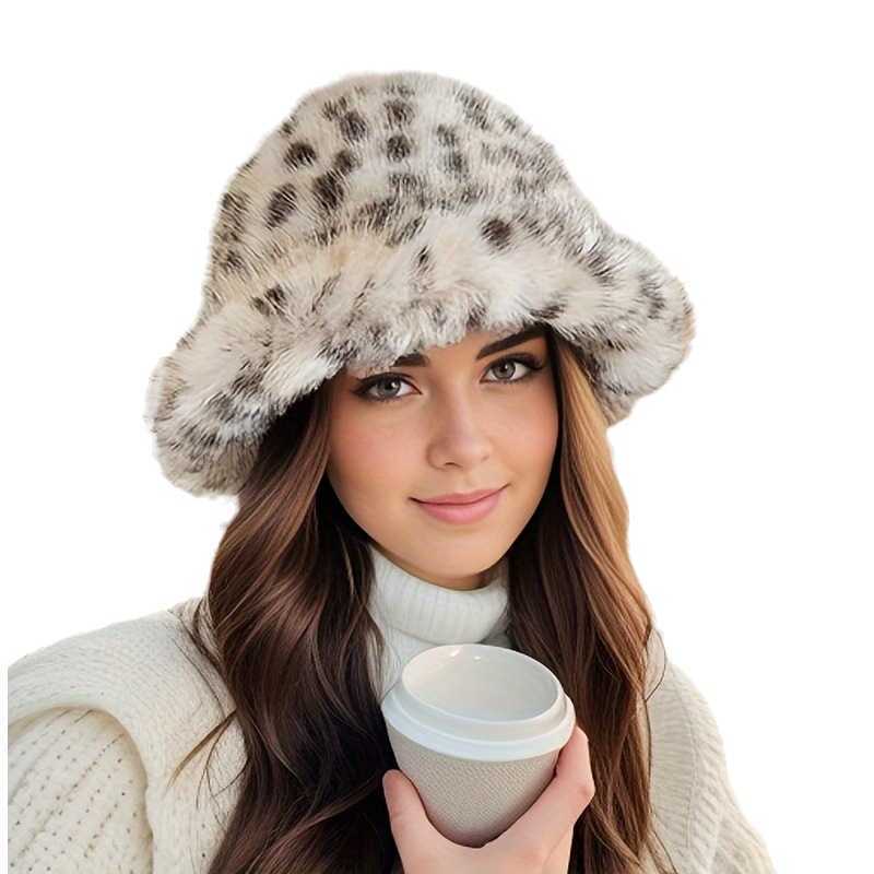 Style Leopard Print Plush Fisherman Hat for Women Autumn and Winter Slimming Niche Fluffy Warm Ear Protection Bucket Hat H251020