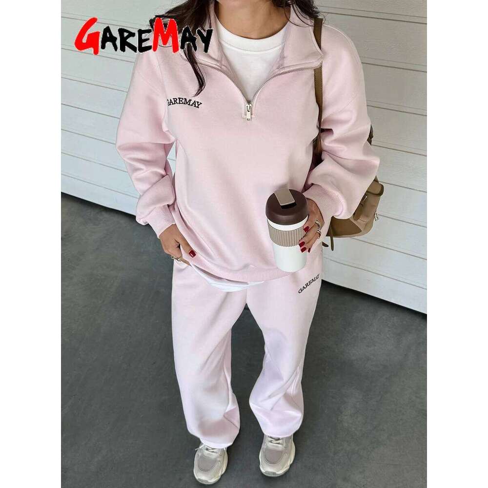 Spring Women's Tracksuit With Zipper Cotton Oversize Classic Pink Two Piece Set Casual Yellow Trouser Suits For Women