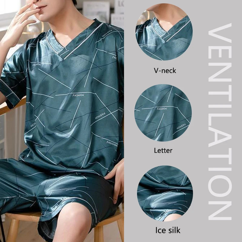 Large Size Men Homewear Ice Silk ShortSleeved Shorts Student Pajamas Korean Version with Letters Loose 3xl ShortSleeved TwoPi 251021