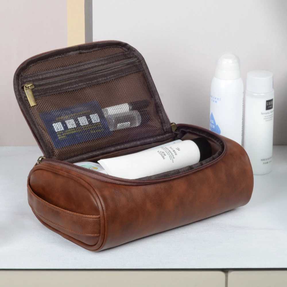 High Quality Travel Toiletry Bag For Women Men Retro PU Leather Cosmetic Bags Female Waterproof Travel Makeup BagW251021