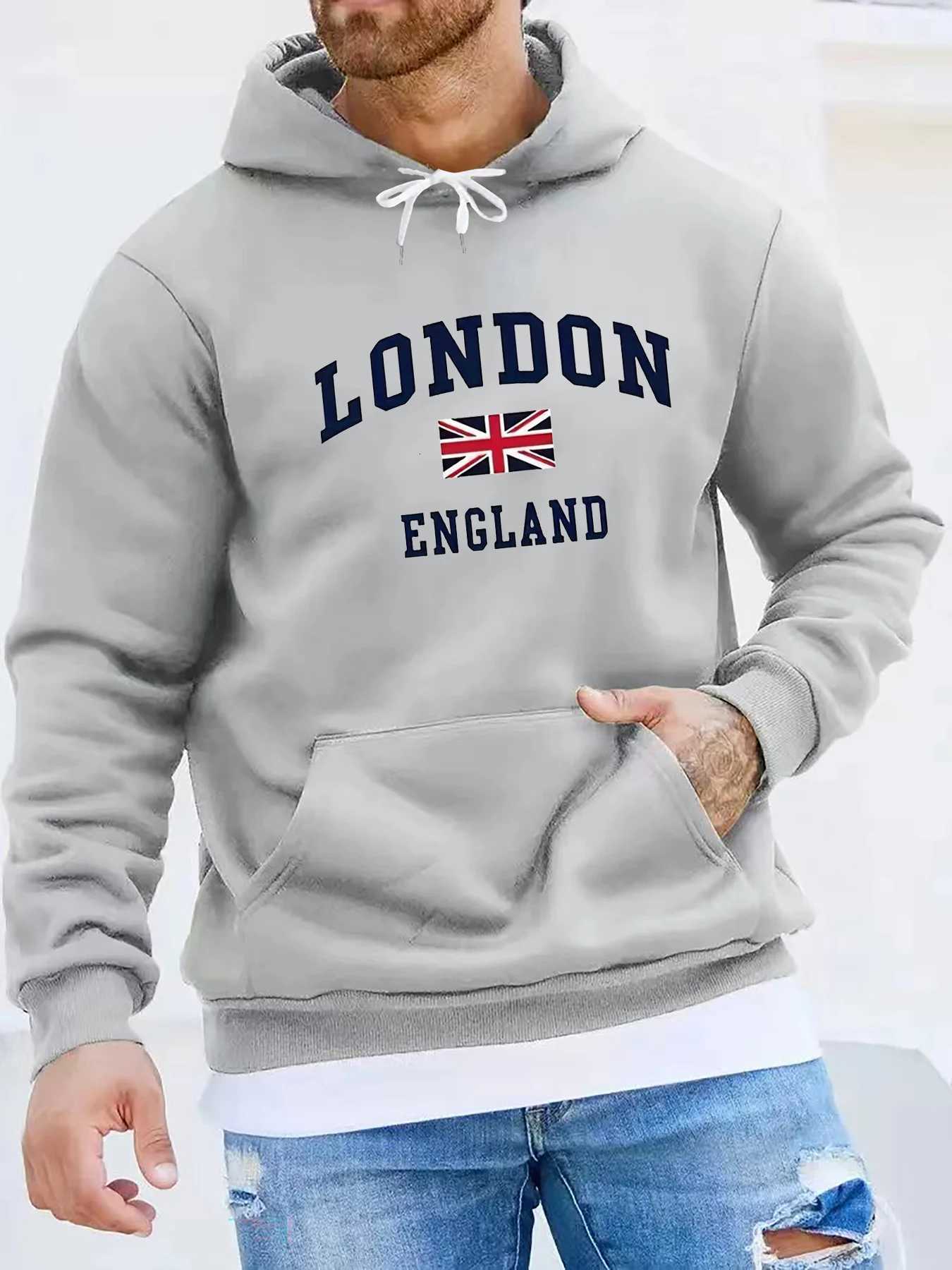 Mens autumn and winter casual fashionable loose hooded sweatshirt London England printed long sleeved warm pullover W251021