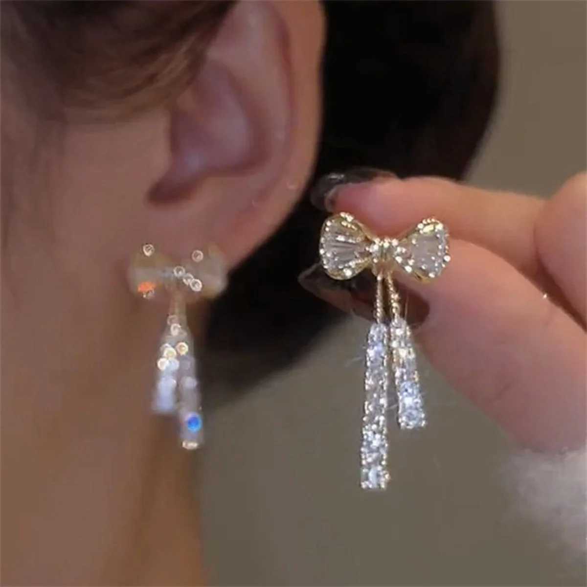 Y2K Pink Bowknot Shiny Zircon Drop Earrings For Women Elegant Crystal Imitation Pearl Tassel Bow Dangle Earrings Party Jewelry J251021